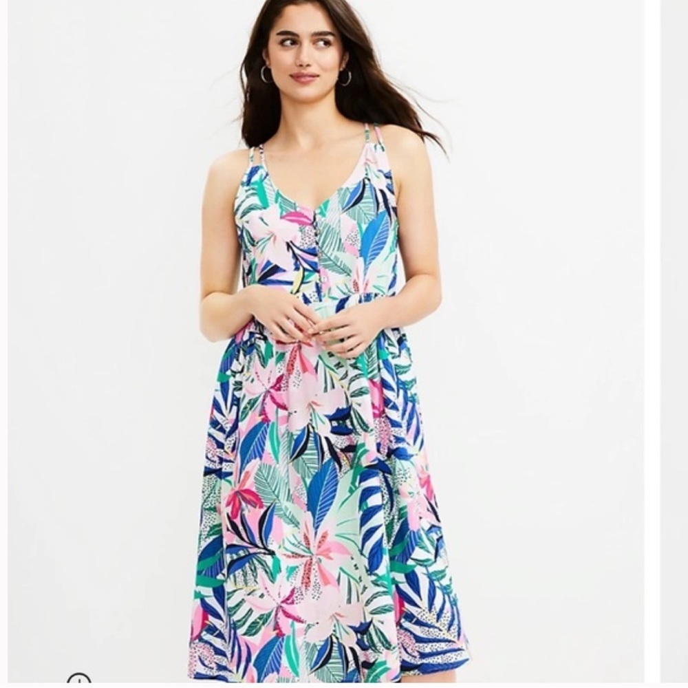 LOFT Double Strap Colorful Tropical Palm Midi Dress Flowy Size 4